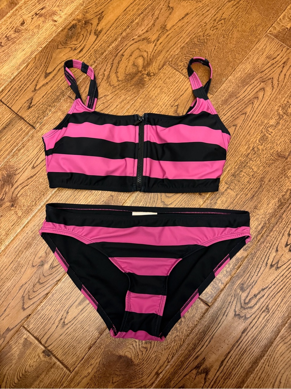 Michael Kors Rugby Stripe Pink Black Zip Bikini Set S & L never worn  swim
